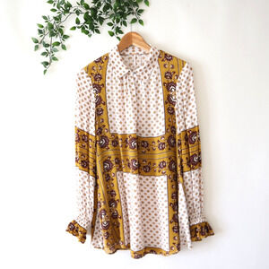 Free People Gold & Purple Printed Collared Long Sleeve Rayon Top Size XS